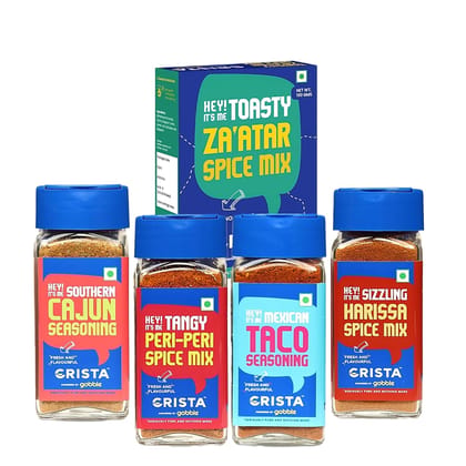 CRISTA Global Multipurpose Seasonings Combo (Taco Seasoning 45 gm, Za'atar Spice Mix 100 gm, Harissa Spice Mix 45 gm, Cajun Seasoning 45 gm & Peri-Peri Spice Mix 45 gm - Pack of 5 CRISTA Global Multipurpose Seasonings Combo (Taco Seasoning 45 gm, Za'atar Spice Mix 100 gm, Harissa Spice Mix 45 gm, Cajun Seasoning 45 gm & Peri-Peri Spice Mix 45 gm - Pack of 5