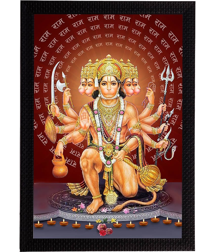 eCraftIndia Brown & Beige Panch Mukhi Lord Hanuman Satin Matt Textured UV Wall Painting