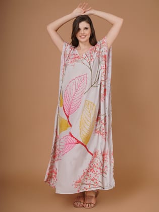 Digital Printed Feather Silk Fabric Kaftan Midi Dress-Free Size / Multi