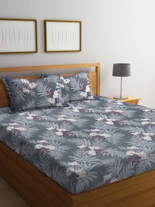 Grey & White Floral Printed 300 TC King Bedsheet with 2 Pillow Covers