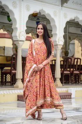 Orangish Pink Gota Work Suit Set-S / Orange / Kurta Set