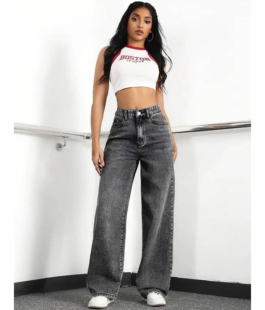 WOOMNY - Charcoal Denim Wide Leg Women's Jeans ( Pack of 1 )