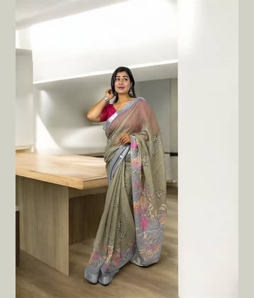 VTEXX Linen Printed Regular Saree With Unstitched Blouse Piece ( Olive )
