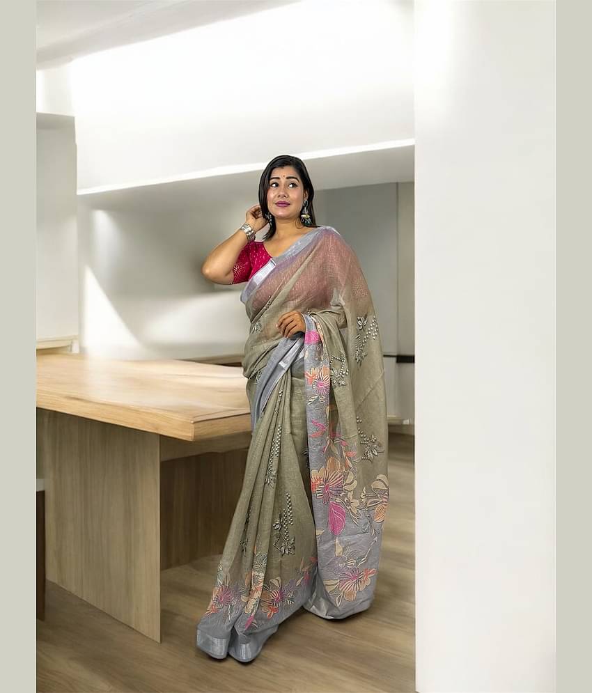 VTEXX Linen Printed Regular Saree With Unstitched Blouse Piece ( Olive )