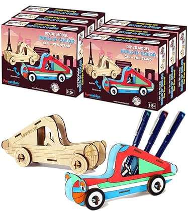 Funvention Car - 3D Coloring Model (Pack of 6) - DIY Desk Organizer Pen Stand - STEM Leanring 3D Puzzle Toy - Art, Coloring and Painting Kit for Kids - Birthday Return Gift,DIY Party Pack for Kids