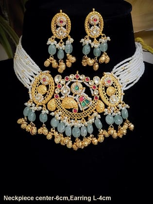 Paisley design paachi kundan center with oval side design aqua bead and ghunghru hangings set