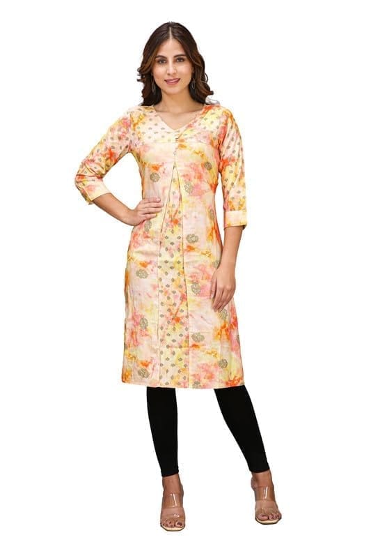 Women's Casual 3/4 Sleeve Viscose Rayon Printed Kurti (Orange, S)-PID46415