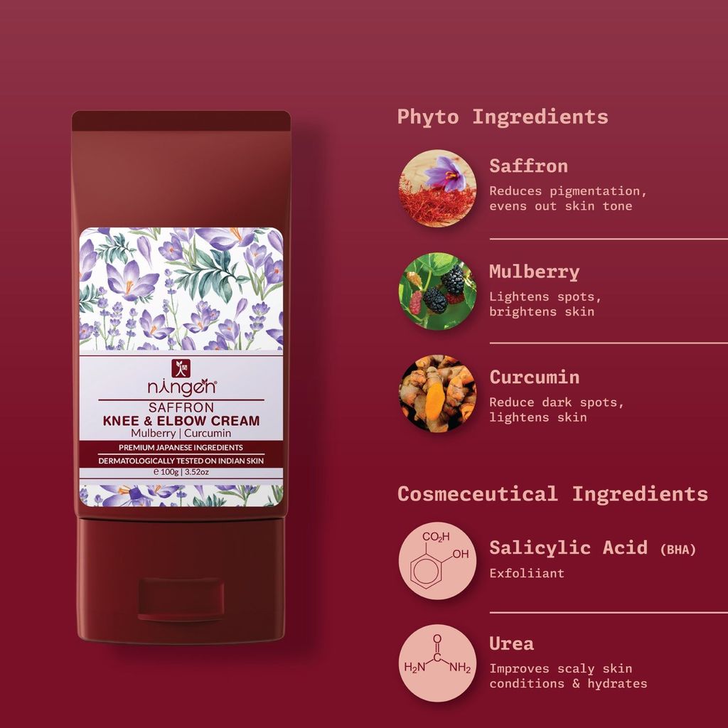 Ningen Saffron Knee and Elbow Cream I Enriched with Mulberry and Curcumin Extracts I Dermatologically Tested, Paraben Free I Softens, Repairs and Heals Dry Skin/Dark Joints I 100g