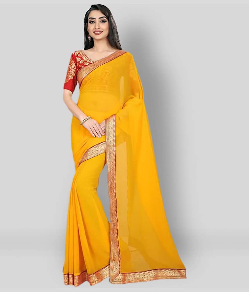 ANAND SAREES Chiffon Solid Saree With Unstitched Blouse Piece ( Yellow )