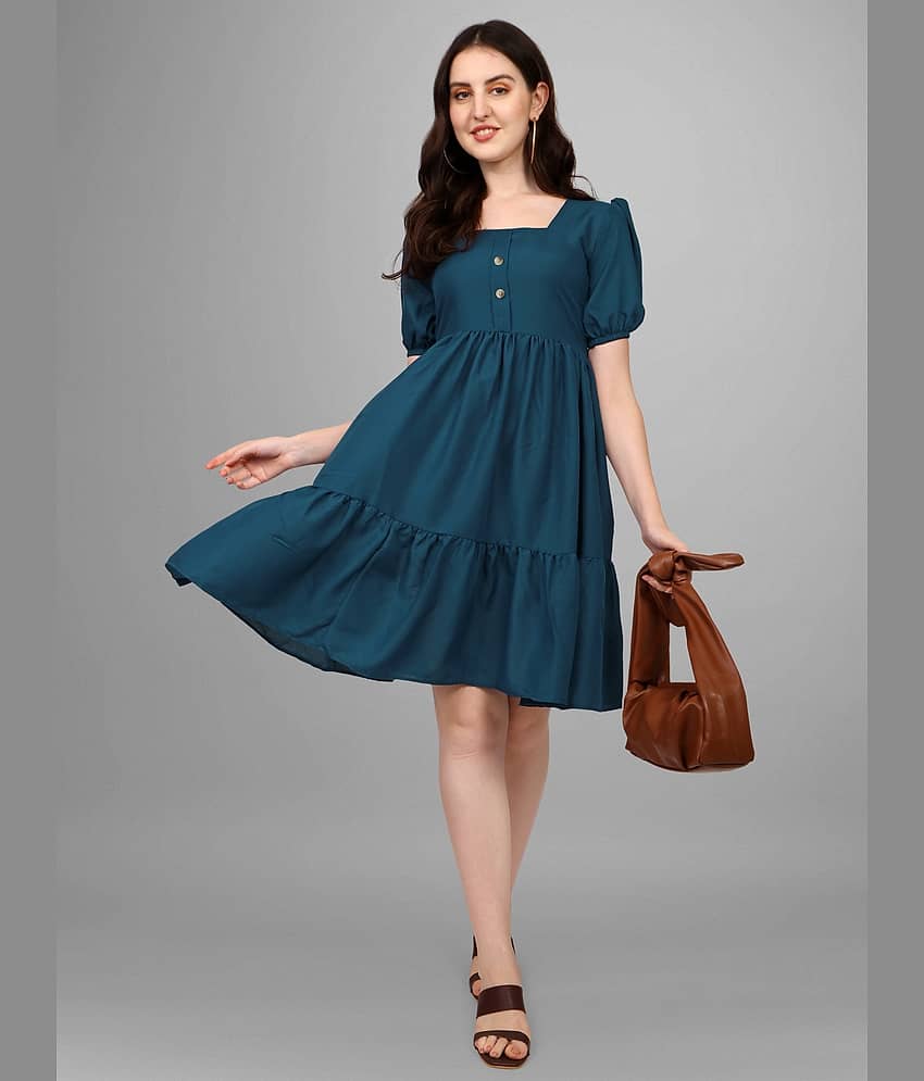 Femvy Women Polyester Solid Fit & Flare Dress ( Blue )