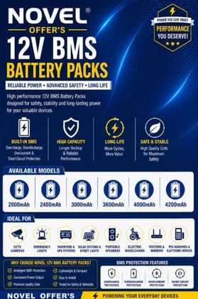 NOVEL 12V Lithium-Ion Rechargeable Battery Pack with BMS Protection Circuit | Compatible with CCTV Cameras, Emergency Lights, Solar Systems, Inverters and Speakers