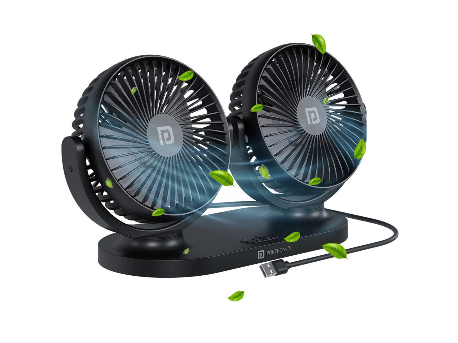 Portronics Twin Cool, Brushless Motor, Rotatable Heads, 3 Speed Mode, USB Powered Fan - Black