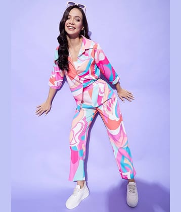 StyleStone Women Printed Shirt With Trousers Co-Ord Set ( Blue )