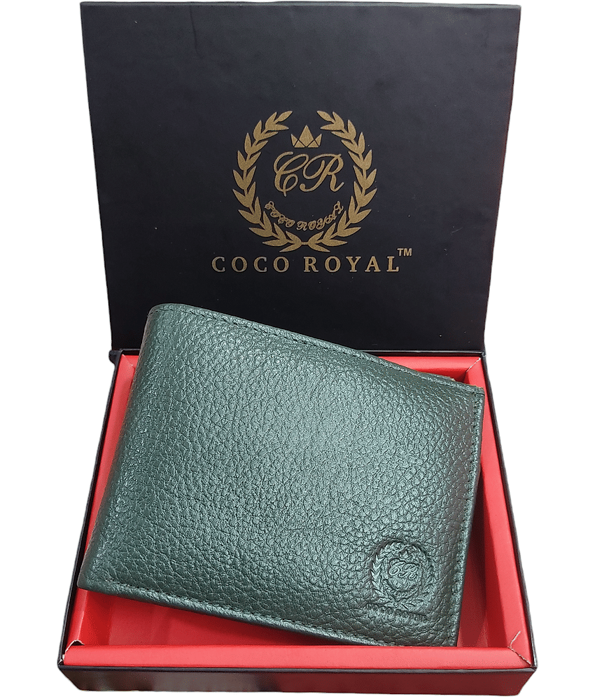 COCO ROYAL 100% Leather Self Design Men's Two Fold Wallet With 9 Slots For Card ( Green , Pack of 1 )