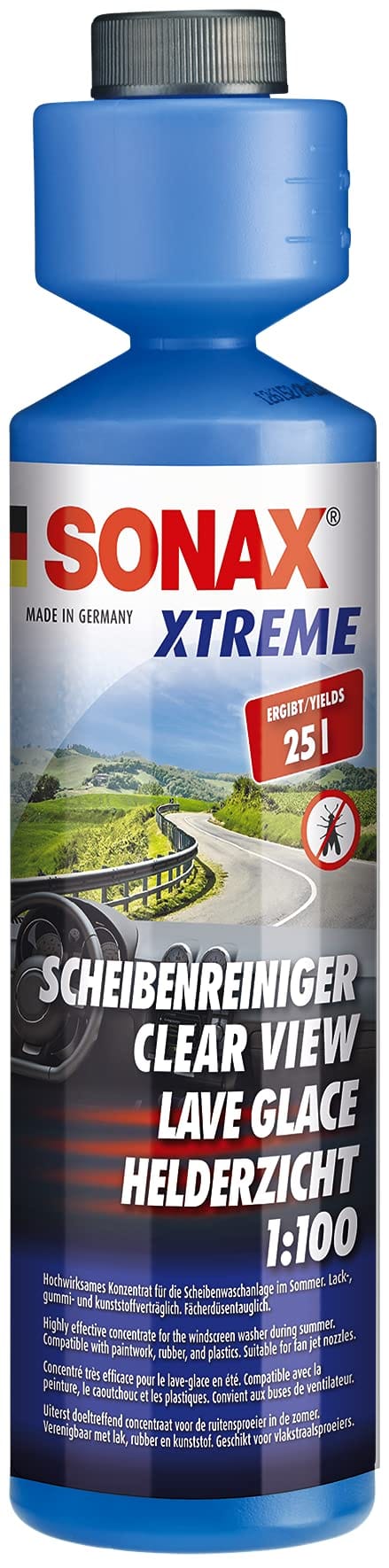 SONAX Xtreme Clear-View 1:100 Concentrate 250ml | Quick Clean Windshield | Wiper Wash | Remove Tough Dirt & Insects | Fresh Fragrance | Instant Cleaning | Clear Vision | Suits Xenon & LED Headlight