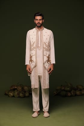 Kranthi ivory Jacket kurta set with trouser and Dupatta-XS/34