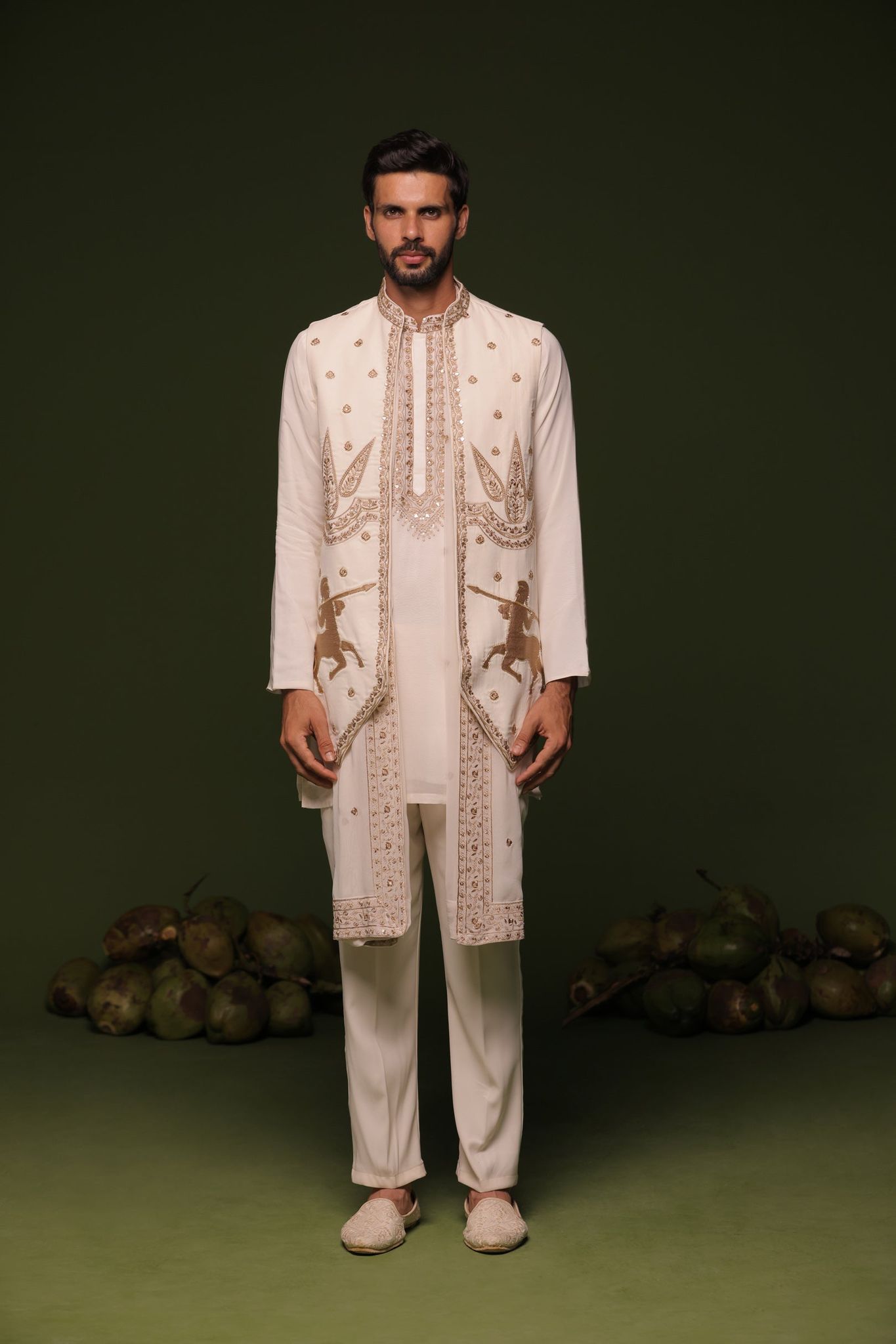 Kranthi ivory Jacket kurta set with trouser and Dupatta-XS/34