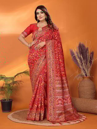 Red Soft Silk Meenakari Weaving Work Pashmina Saree