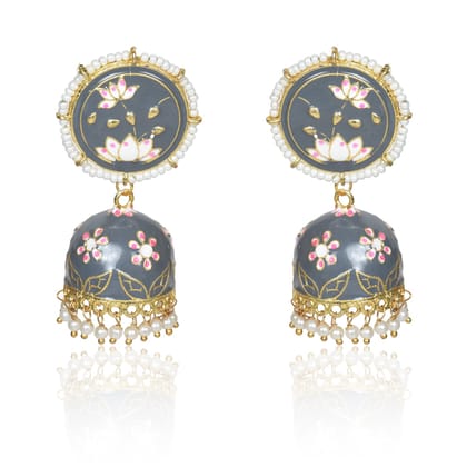Meenakari Traditional Lotus Engraved Jhumki Earring, Dome Shaped Jhumka Earrings with Pearl Beads for Girls and Women