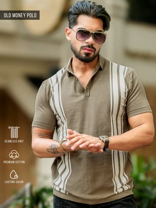 Vertical Stripe Green Flatknit Half Sleeve Polo T-Shirt-S