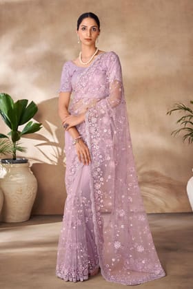 Purple Embroidered Net Saree
