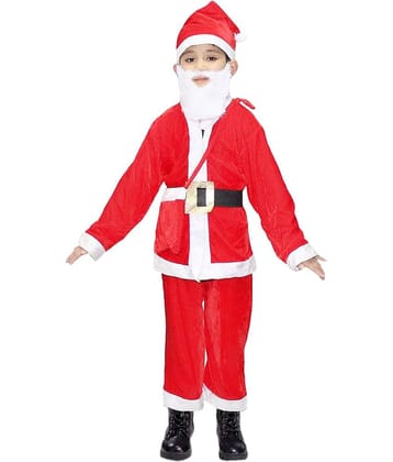 Kaku Fancy Dresses Santa Clause Christmas Day Costume for Kids in Velvet Fabric with White Beard, Cap, Belt and Bag-Red & White, For Boys 1-2 Years