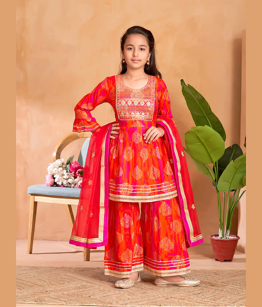 Aarika Girls Rayon Kurti with Sharara ( Pack of 1 , Orange )
