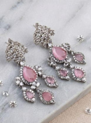 Generic Women's Brass Silver Plated Drop Earrings (Pink)-PID66272