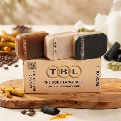 The Body Language Ubtan Handmade Bathing Soap Combo (Pack of 3)  Charcoal, Milk & Coffee for Tan Removal, Exfoliation & Glowing Skin
