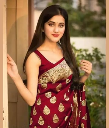 Gazal Fashions Banarasi Silk Embellished Saree With Unstitched Blouse Piece ( Maroon )