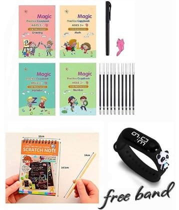 Combo Of 3 Pack - Sank Magic Practice Copy book & Scratch Book 53 Arts A6 Size Paper Sheet Art Book & LED Taddy Band Watch Digitel Multicolor By Unico Traders