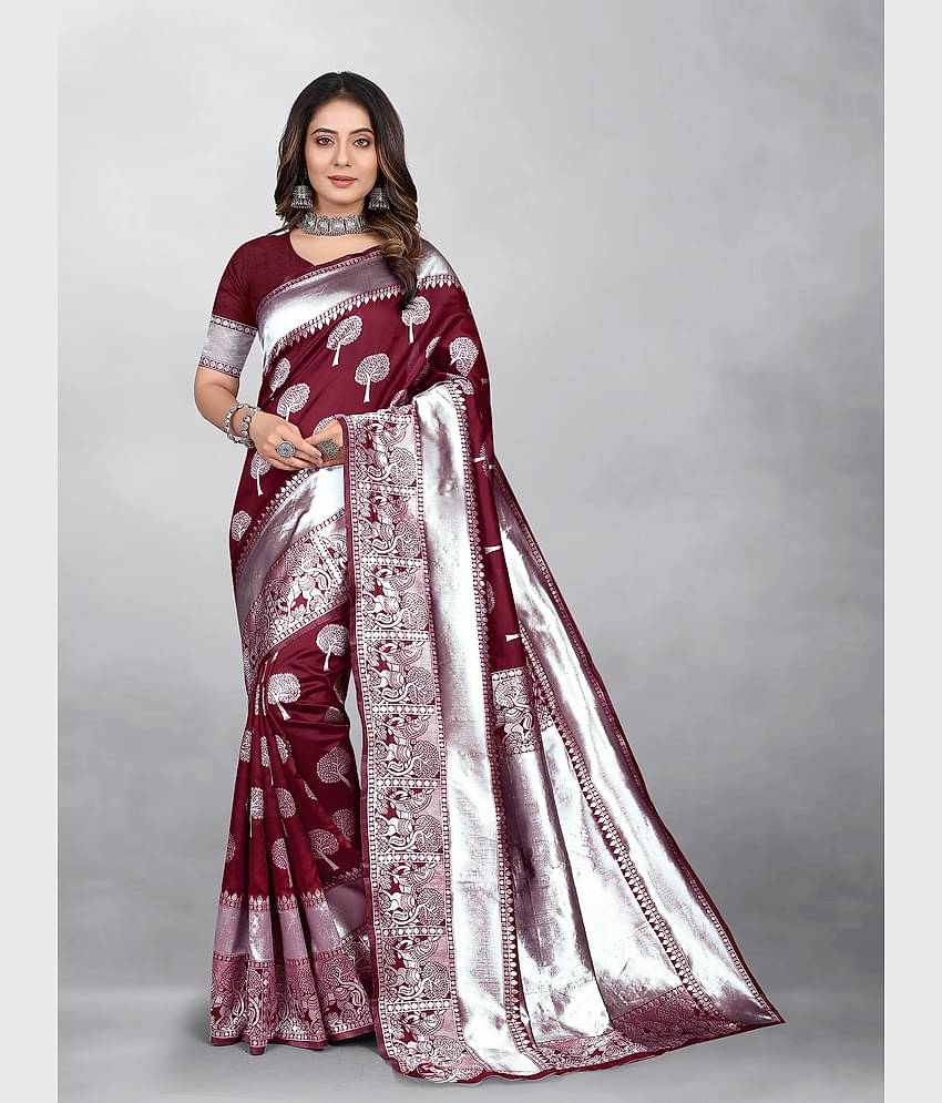 Gazal Fashions Banarasi Silk Embellished Saree With Unstitched Blouse Piece ( Maroon )