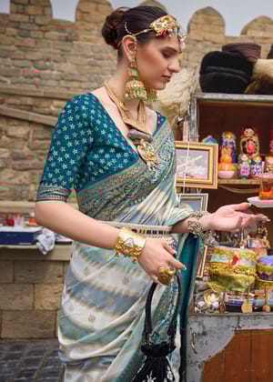 Teal Blue Printed Soft Silk Saree