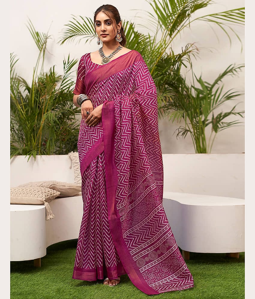 Samah Cotton Blend Printed Saree With Unstitched Blouse Piece ( Rani )