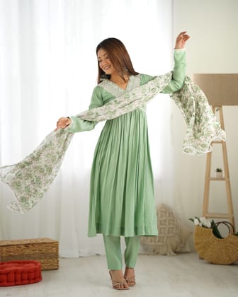 Elegant Mint Green Romasilk Chanderi Nyra Cut Kurta Set with Floral Dupatta-xs