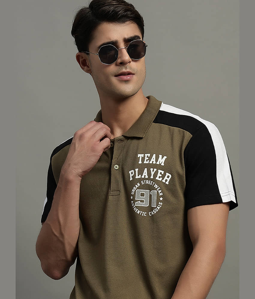 GET GOLF Men Cotton Blend Regular Fit Colorblock Polo T Shirt ( Olive )