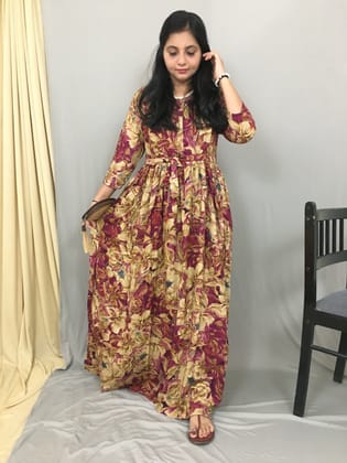 Hibiscus Flower Print  - Pink Gold  - Maternity Kurti with Feeding Zips - Soft Rayon-44 - 46 ( XXL - 3XL )