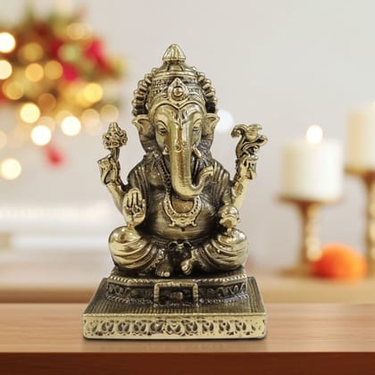 Square Base Brass Ganesh Idol for Home Temple, Diwali & Office, Height : 2.2 Inch (BSMAS1850 G)