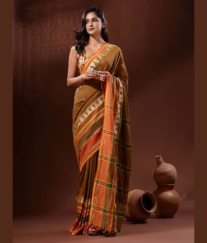 SARADA HANDLOOM Cotton Striped Saree With Unstitched Blouse Piece ( Brown )