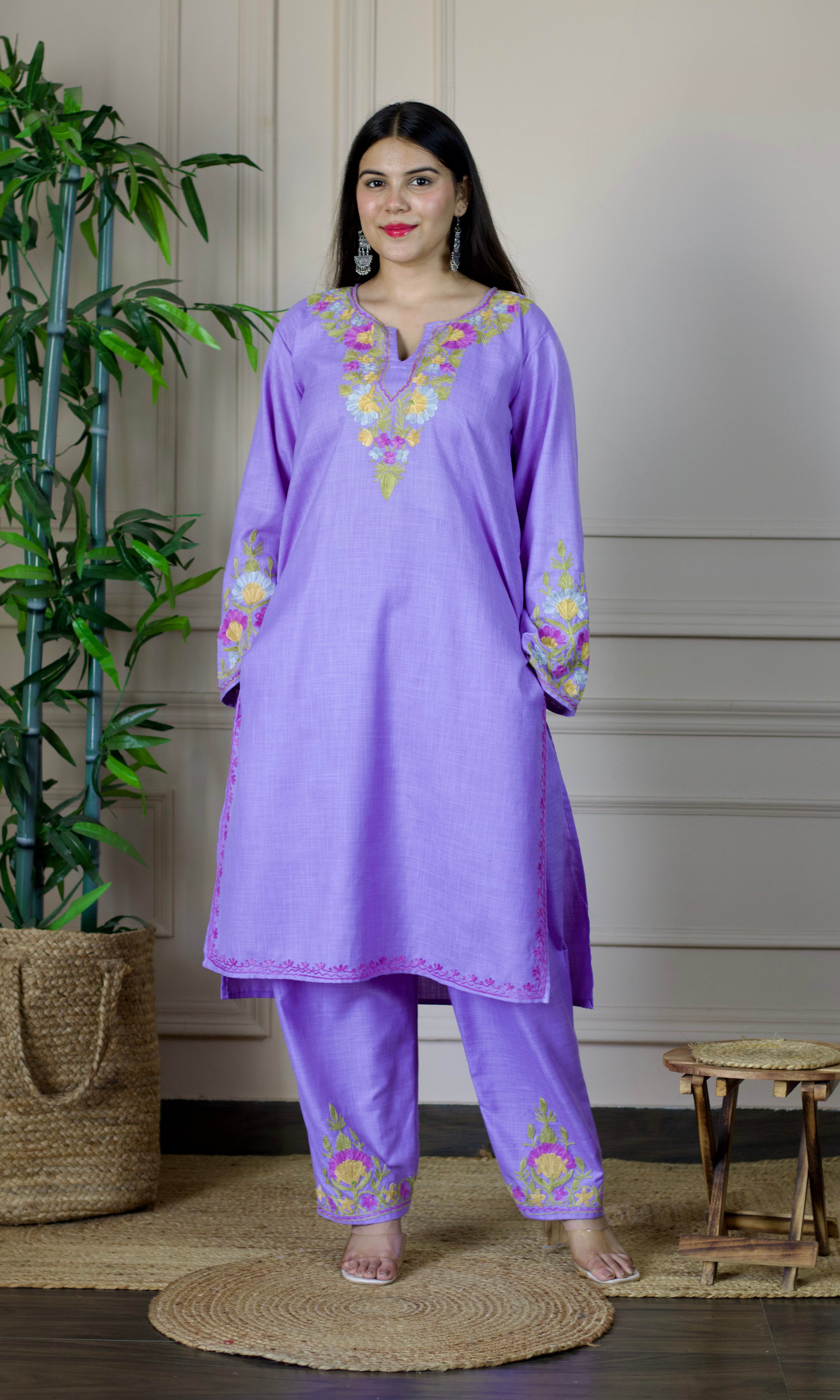 Lavender Aari Embroidered Cotton Co-ord Set-S