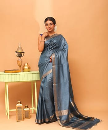 Grey chhattisgarh handloom tussar silk saree
