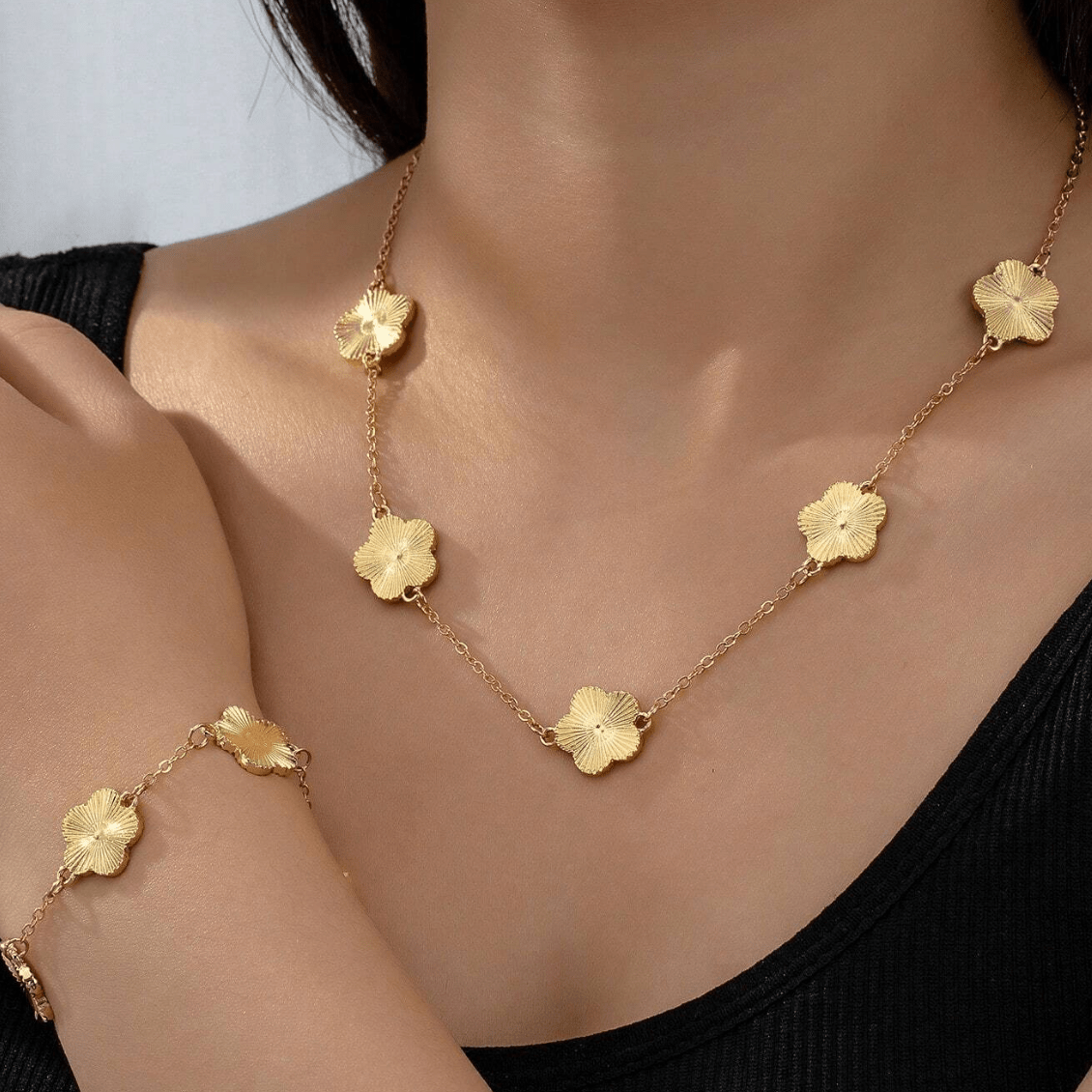 Anti Tarnish Flower Bracelet and Necklace - Buy 1 Get 1 Free-Gold