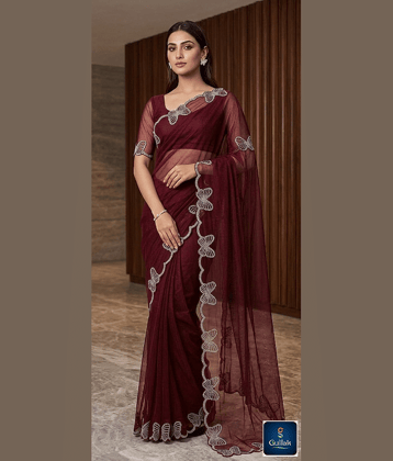 Gullak Net Embellished Regular Saree With Unstitched Blouse Piece ( Maroon )