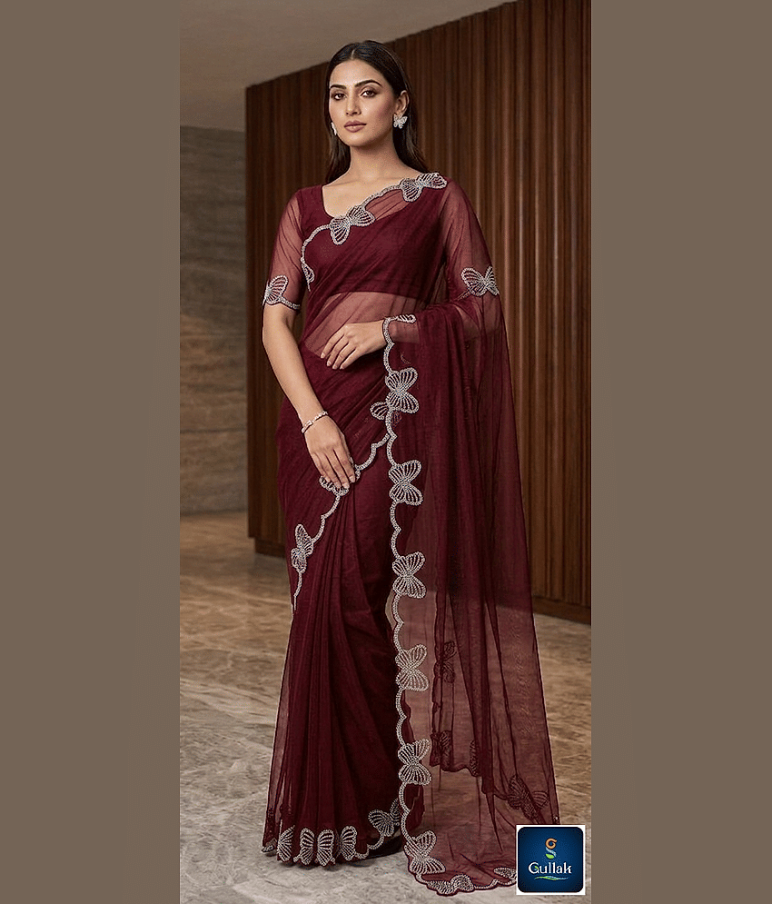 Gullak Net Embellished Regular Saree With Unstitched Blouse Piece ( Maroon )