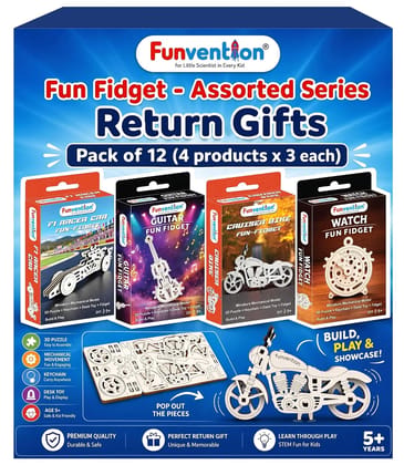 Funvention Fun Fidgets Assorted (3 x 4 DIY Miniature Mechanical Models Bike, Car, Guitar & Watch) Pack of 12 - Birthday Return Gifts Party Pack Return Favors for Kids Art & Craft STEM Learning Toys