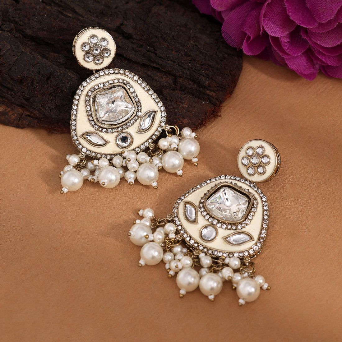 White Color Kundan Meenakari Earrings (MKE2005WHT)-Length: 6.00 CM x Width: 3.20 CM / White / Alloy With Good Quality Gold Plated