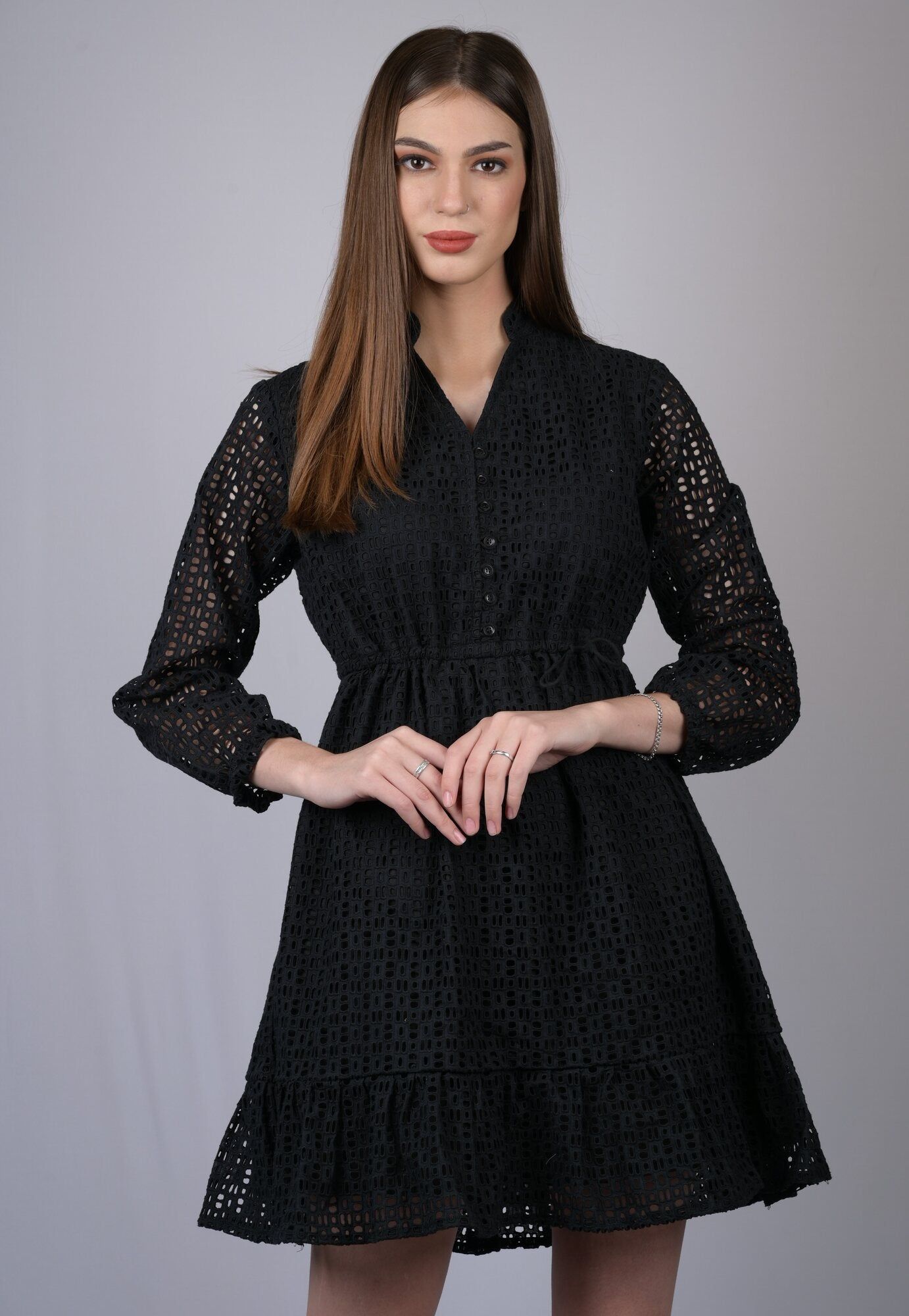 Black Net Chicken Kari Design Dress (OTL-DRS1004)-Black / S