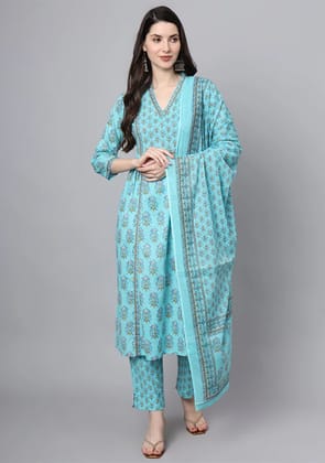 Sky Blue Cotton Printed Sequin Kurta Set-S