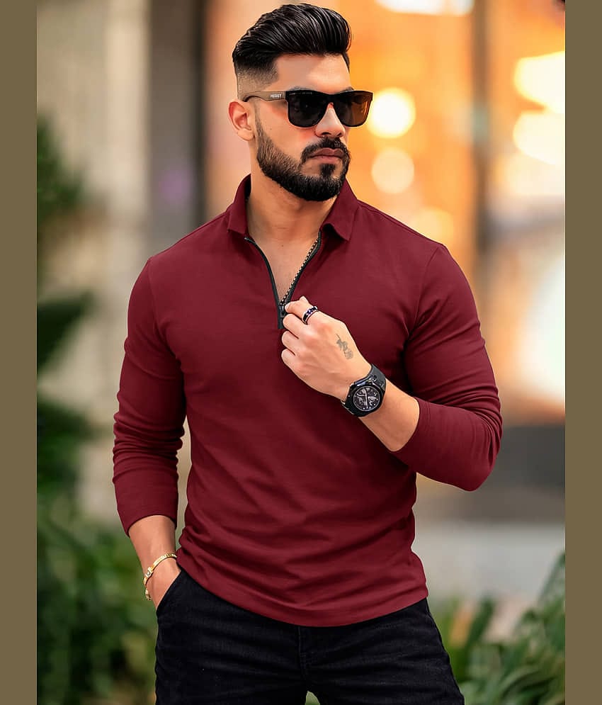 Eyebogler Men Cotton Blend Regular Fit Solid Polo T Shirt ( Red )