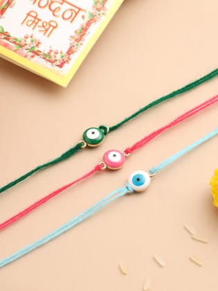 NVR Men's Set of 3 Multicolor Evil Eye Thread Rakhi with Roli Chawal Chandan & Mishri-One Size / Multicolor